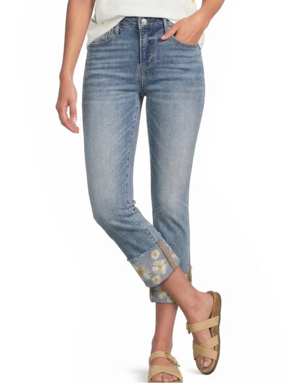 Driftwood Colette Stretch Denim Embroidered Daisy Cuffed Cropped Straight Leg
